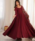 Maroon Premium Roman Silk Chanderi 16 Kali Anarkali Gown with Embroidered Dupatta & Pant Set