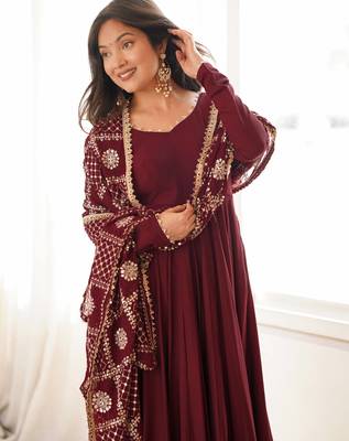 Maroon Premium Roman Silk Chanderi 16 Kali Anarkali Gown with Embroidered Dupatta & Pant Set 2
