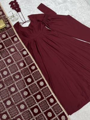 Maroon Premium Roman Silk Chanderi 16 Kali Anarkali Gown with Embroidered Dupatta & Pant Set 3