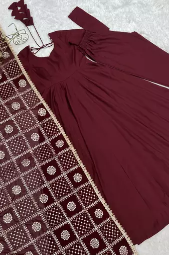 Maroon Premium Roman Silk Chanderi 16 Kali Anarkali Gown with Embroidered Dupatta & Pant Set