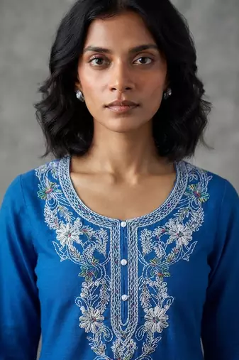 Royal blue embroidered kurti co-ord set
