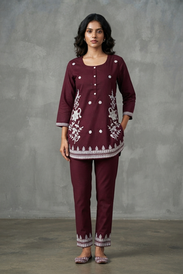 Maroon floral embroidered kurti co-ord set 1