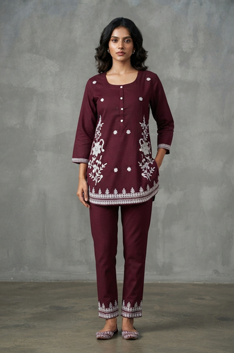 Maroon floral embroidered kurti co-ord set
