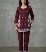 Maroon floral embroidered kurti co-ord set
