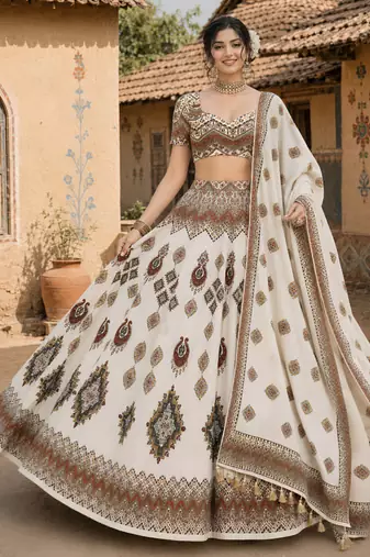 Navratri Ajrakh Print Rayon Lehenga Choli & Blouse With Dupatta
