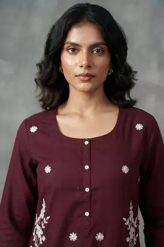 Maroon floral embroidered kurti co-ord set
