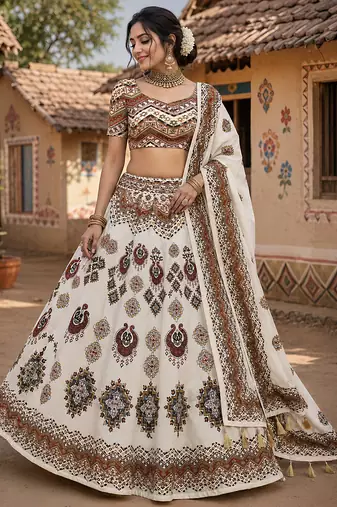 Navratri Ajrakh Print Rayon Lehenga Choli & Blouse With Dupatta