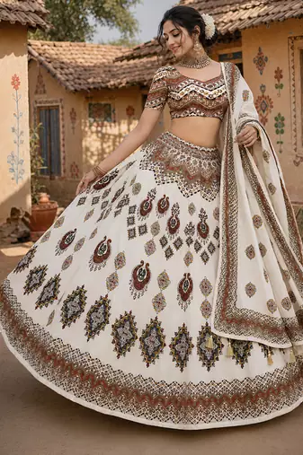 Navratri Ajrakh Print Rayon Lehenga Choli & Blouse With Dupatta