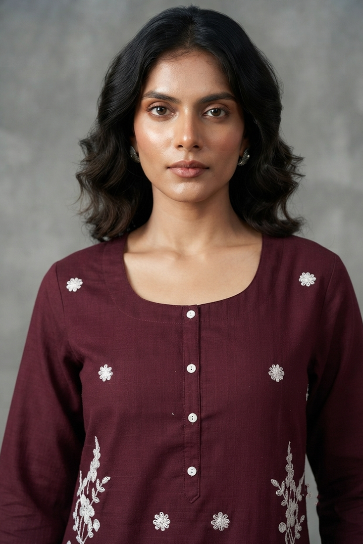 Maroon floral embroidered kurti co-ord set
