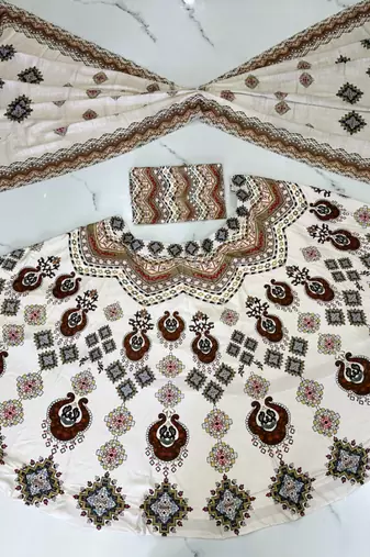 Navratri Ajrakh Print Rayon Lehenga Choli & Blouse With Dupatta