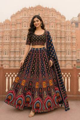 Navratri Ajarakh Print Rayon Semi Stitched Lehenga Choli & Unstitched Blouse With Dupatta 4