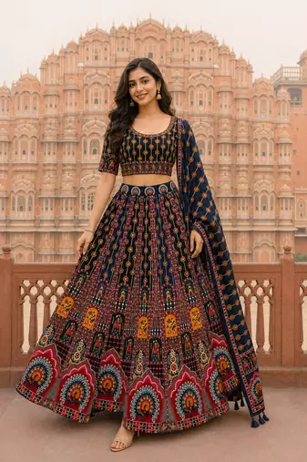 Navratri Ajarakh Print Rayon Semi Stitched Lehenga Choli & Unstitched Blouse With Dupatta