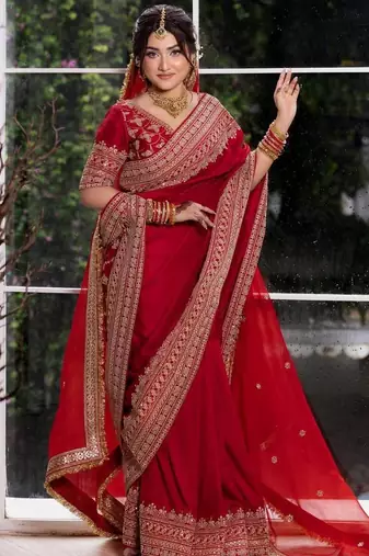 Red satin silk blend saree for wedding with dupatta