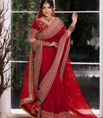 Red satin silk blend saree for wedding with dupatta