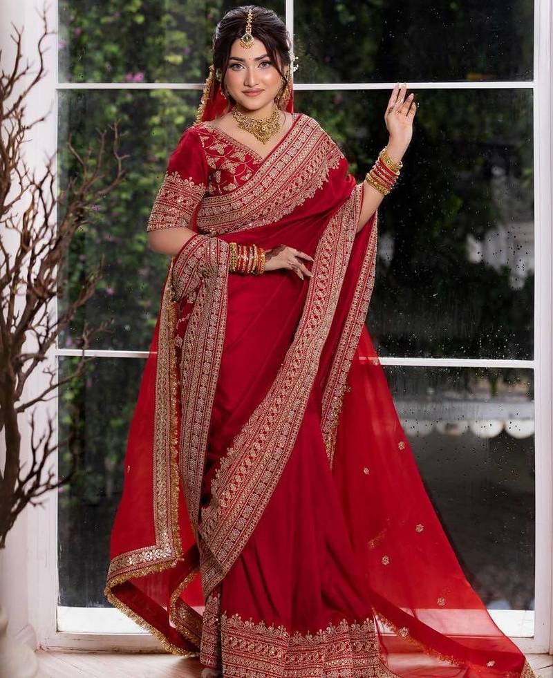 Red satin silk blend saree for wedding with dupatta