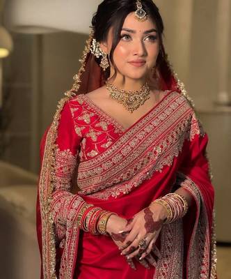 Red satin silk blend saree for wedding with dupatta 2