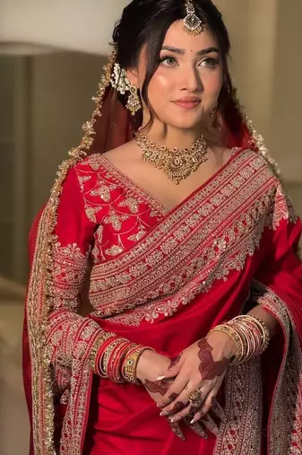 Red satin silk blend saree for wedding with dupatta