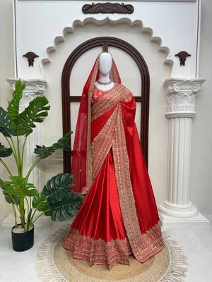 Red satin silk blend saree for wedding with dupatta 3