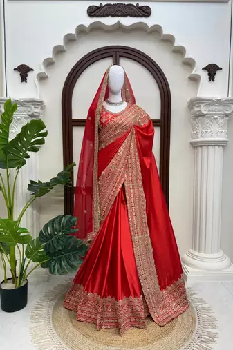 Red satin silk blend saree for wedding with dupatta
