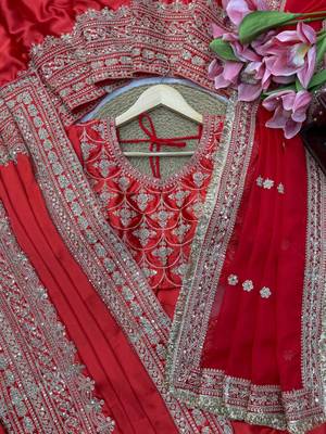 Red satin silk blend saree for wedding with dupatta 4