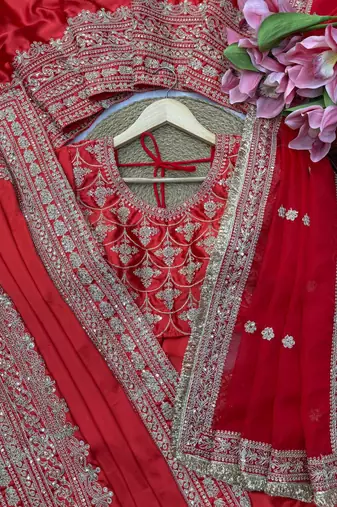 Red satin silk blend saree for wedding with dupatta
