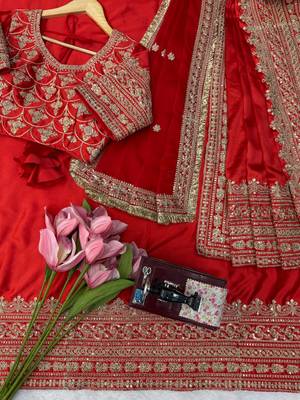 Red satin silk blend saree for wedding with dupatta 5