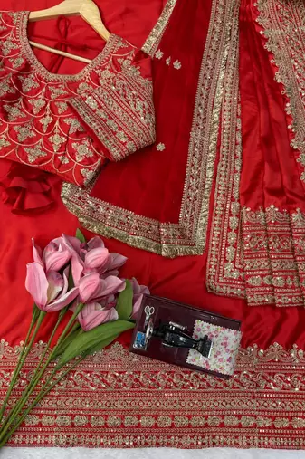 Red satin silk blend saree for wedding with dupatta