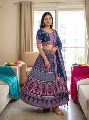 Navratri Ajarakh Print Rayon Semi Stitched Lehenga Choli & Unstitched Blouse With Dupatta 4
