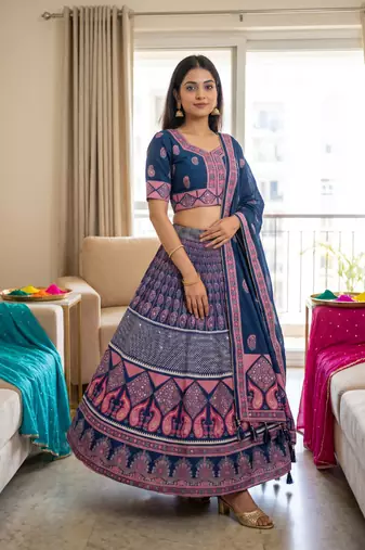 Navratri Ajarakh Print Rayon Semi Stitched Lehenga Choli & Unstitched Blouse With Dupatta