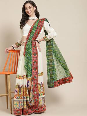 Green & Off-White Pure Georgette Half and Half Bandhani Saree 1
