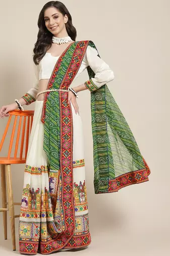 Green & Off-White Pure Georgette Half and Half Bandhani Saree
