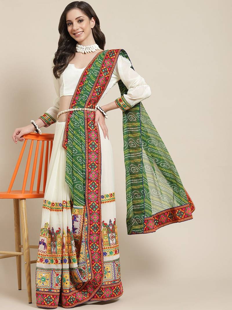 Green & Off-White Pure Georgette Half and Half Bandhani Saree