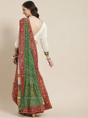 Green & Off-White Pure Georgette Half and Half Bandhani Saree 2