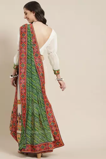 Green & Off-White Pure Georgette Half and Half Bandhani Saree