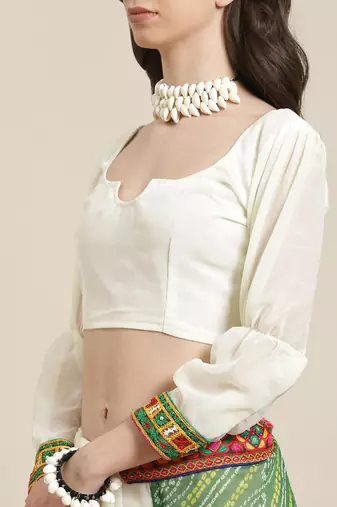 Green & Off-White Pure Georgette Half and Half Bandhani Saree