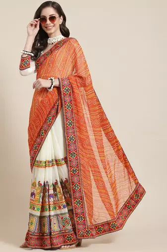 Orange & Off-White Mirror Work Pure Georgette Half and Half Bandhani Saree