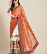 Orange & Off-White Mirror Work Pure Georgette Half and Half Bandhani Saree