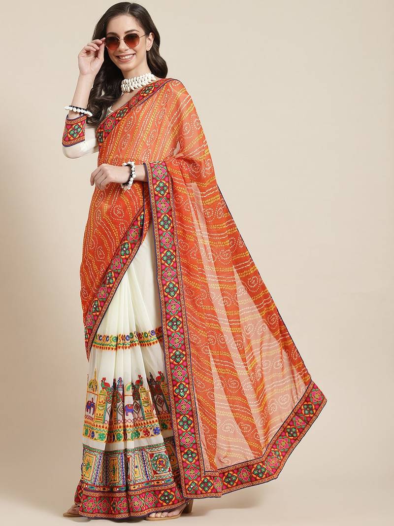 Orange & Off-White Mirror Work Pure Georgette Half and Half Bandhani Saree