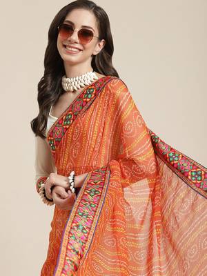 Orange & Off-White Mirror Work Pure Georgette Half and Half Bandhani Saree 2