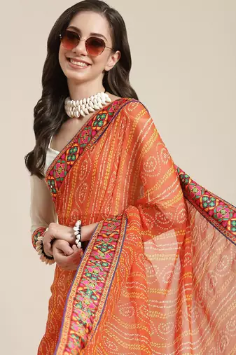 Orange & Off-White Mirror Work Pure Georgette Half and Half Bandhani Saree