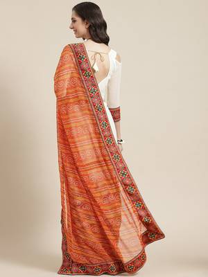 Orange & Off-White Mirror Work Pure Georgette Half and Half Bandhani Saree 3