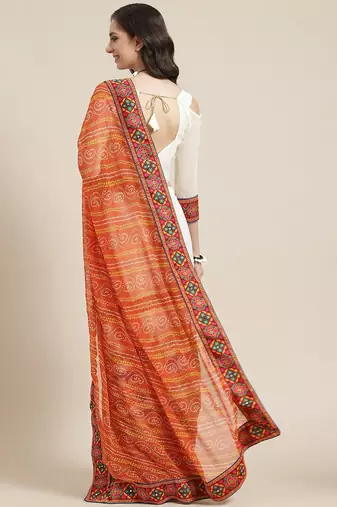 Orange & Off-White Mirror Work Pure Georgette Half and Half Bandhani Saree