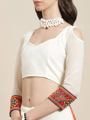 Orange & Off-White Mirror Work Pure Georgette Half and Half Bandhani Saree 6