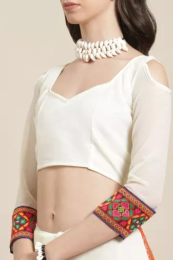 Orange & Off-White Mirror Work Pure Georgette Half and Half Bandhani Saree