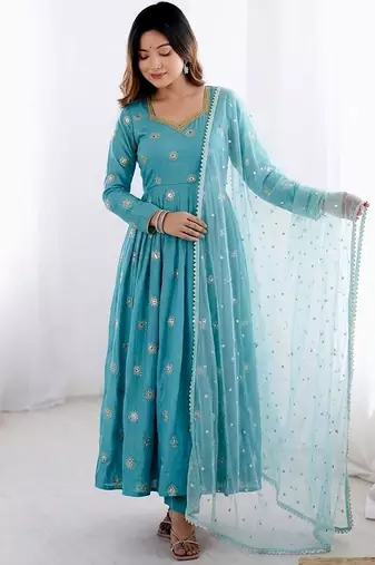 Designer sky blue embroidery anarkali kurta set for women with dupatta