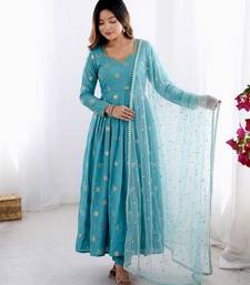 Designer sky blue embroidery anarkali kurta set for women with dupatta