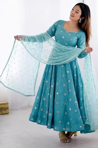 Designer sky blue embroidery anarkali kurta set for women with dupatta