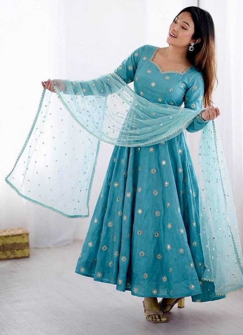 Designer sky blue embroidery anarkali kurta set for women with dupatta