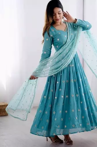 Designer sky blue embroidery anarkali kurta set for women with dupatta