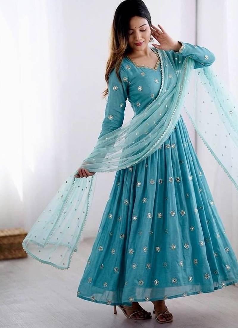 Designer sky blue embroidery anarkali kurta set for women with dupatta